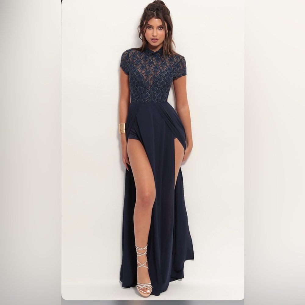 Elegant Navy Lace Gown with High Slit